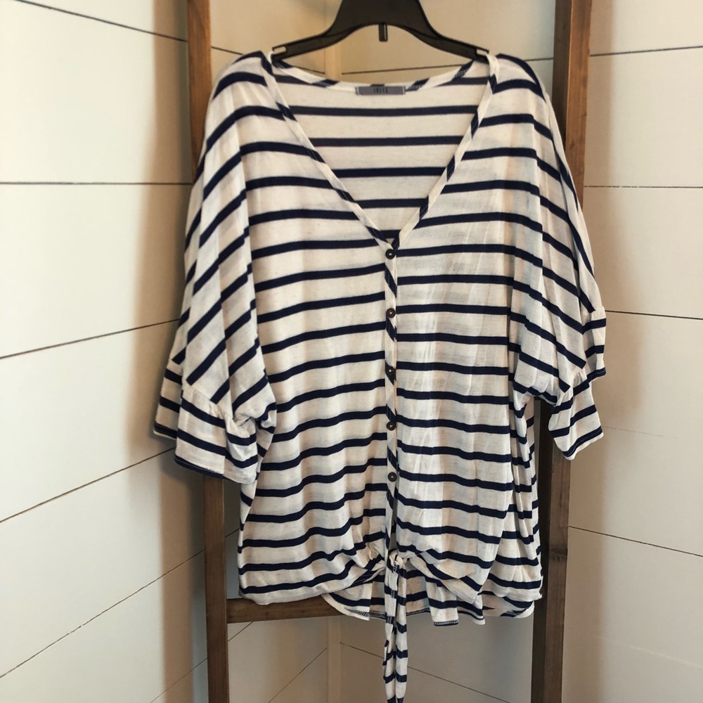 Navy stripe tie front top